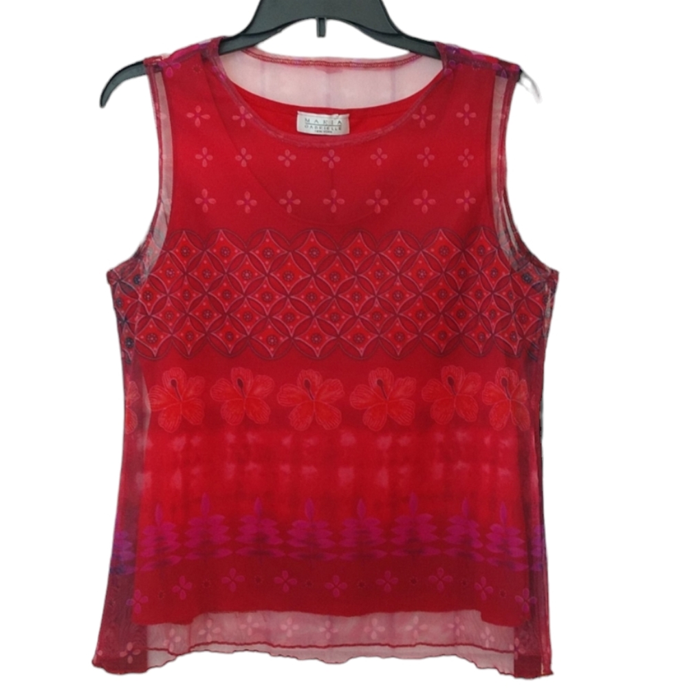 Maria Gabrielle Red Sheer Boho  Overlay Top - Large